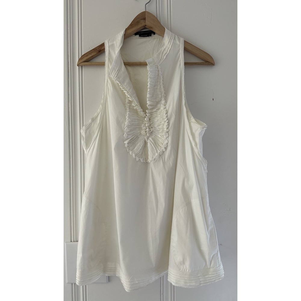 BCBG Max Azria White Sleeveless Ruffle Bib Blouse Tunic Top Cotton Stretch L